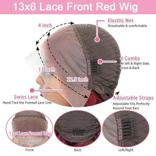 99J Burgundy Lace Front Wigs Human Hair 13x6 HD Transparent Body Wave Lace Front Wigs Pre Plucked 99j Burgundy Red Wine Glueless Human Hair Wigs for Women Reddish Brown 180% Density 30 Inch