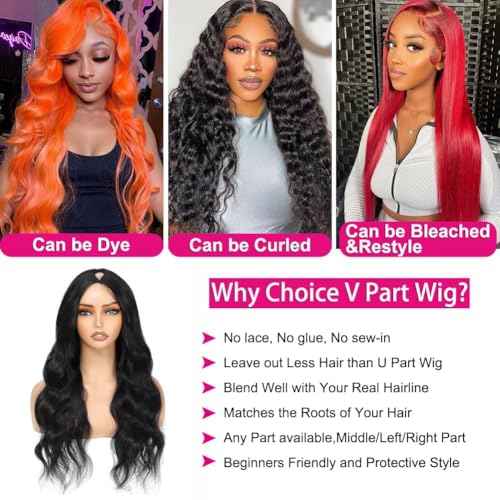 V Part Wig Human Hair Body Wave Upgrade U Part Human Hair Wig With Clips Glueless Wigs Human Hair Beginner Friendly 18 Inch V Shape Clip In Half Wigs for Women No Leave Out 180% Density
