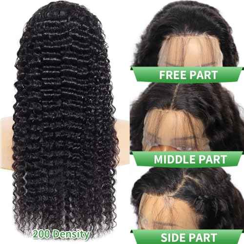 24 Inch 200 Density Deep Wave Lace Front Wigs Human Hair 13x6 HD Lace Front Wigs Human Hair Pre Plucked Brazilian Virgin Curly Human Wig Wet and Wavy Lace Frontal Wigs Natura Black Deep Wave Wig