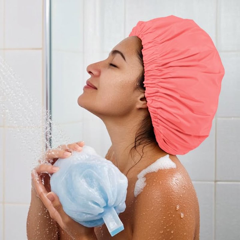 Reusable Shower Cap for Women - Large Waterproof Hair Bonnet with Elastic Band | Ideal for Long, Curly Hair, Braids - Orange Pink