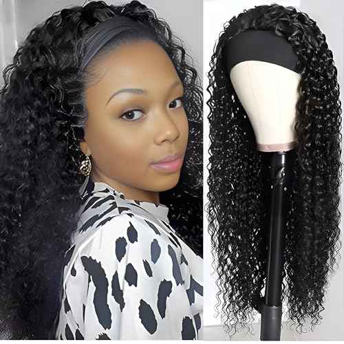 Curly Headband Wig Human Hair 20Inch Human Hair Headband Wig Glueless Wear and Go Human Hair Scarf None Lace Front Wigs 150% Density Natural Color