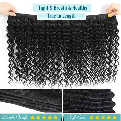 Deep Wave Human Hair Bundles 18 20 22 Inch Curly Human Hair 3 Bundles 100% Unprocessed Brazilian Virgin Deep Curly Bundles For Black Women Quick Weave Wet And Wavy Natural Black