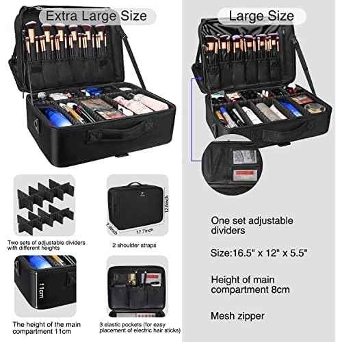 Relavel Extra Large Makeup Case and Makeup Brush Holder Bag, Professional Makeup Organizer, Large Capacity with Adjustable Dividers and Shoulder Strap (Black)
