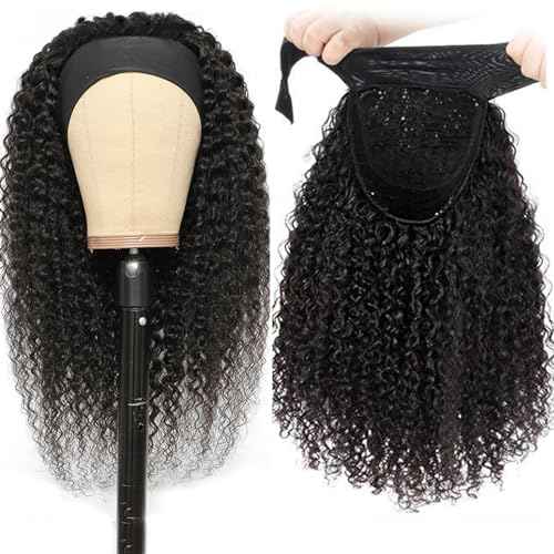 Aiterina Kinky Curly Human Hair Headband Wig Curly Human Hair Wigs 150% Density Brazilian Virgin Human Hair Machine Made Wig for Black Women Non Lace Front Wig Natural Color (Headband Wig, 26inch)