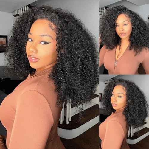 Kinky Curly Half Wig Human Hair Glueless Human Hair Wig 200 Density 3 In 1 Seamless Flip Over Half Wigs Human Hair Drawstring Headband Wig for Women 18 Inch