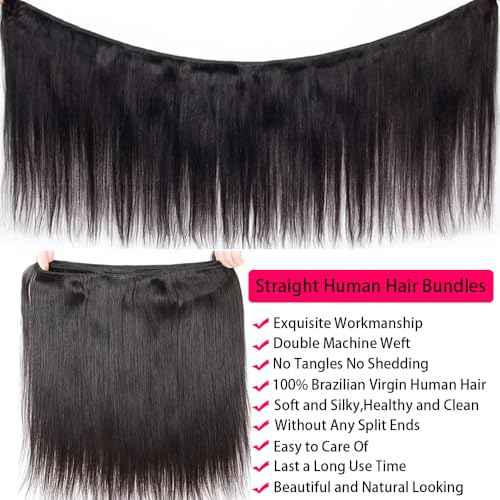 Straight Human Hair Bundles 16 18 20 Inch 12A Brazilian Virgin Straight Hair Bundles 100% Unprocessed Human Hair Weave Bundles Human Hair Extensions for Black Women Natural Black Color