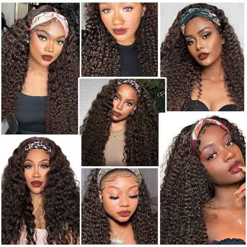 Headband Wig Human Hair Deep Wave Half Wigs Glueless None Lace Front Wigs with Headband Attached Brazilian Human Hair Headband Wigs Glueless Curly Hair for Black Women(22 Inch, Chocolate Brown)
