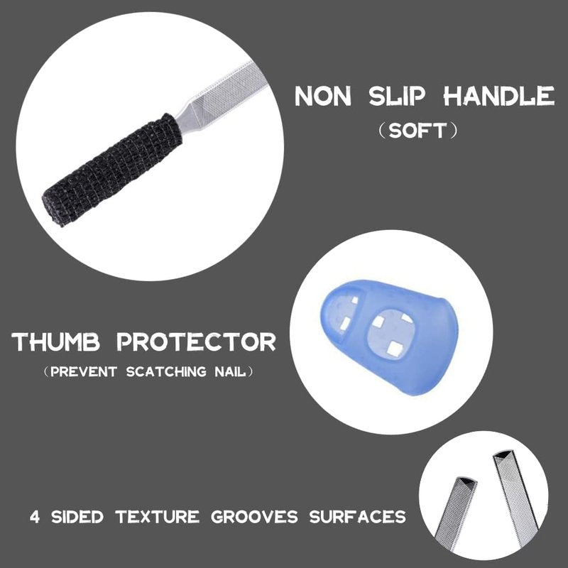 IDOU 3-in-1 Nail File Kit: Heavy Duty Toe Nail Files for Thick Nails & Seniors with Ingrown Lifter, Thumb Guard | Non-Slip Metal Emery Boards for Nails/Silver Lifter