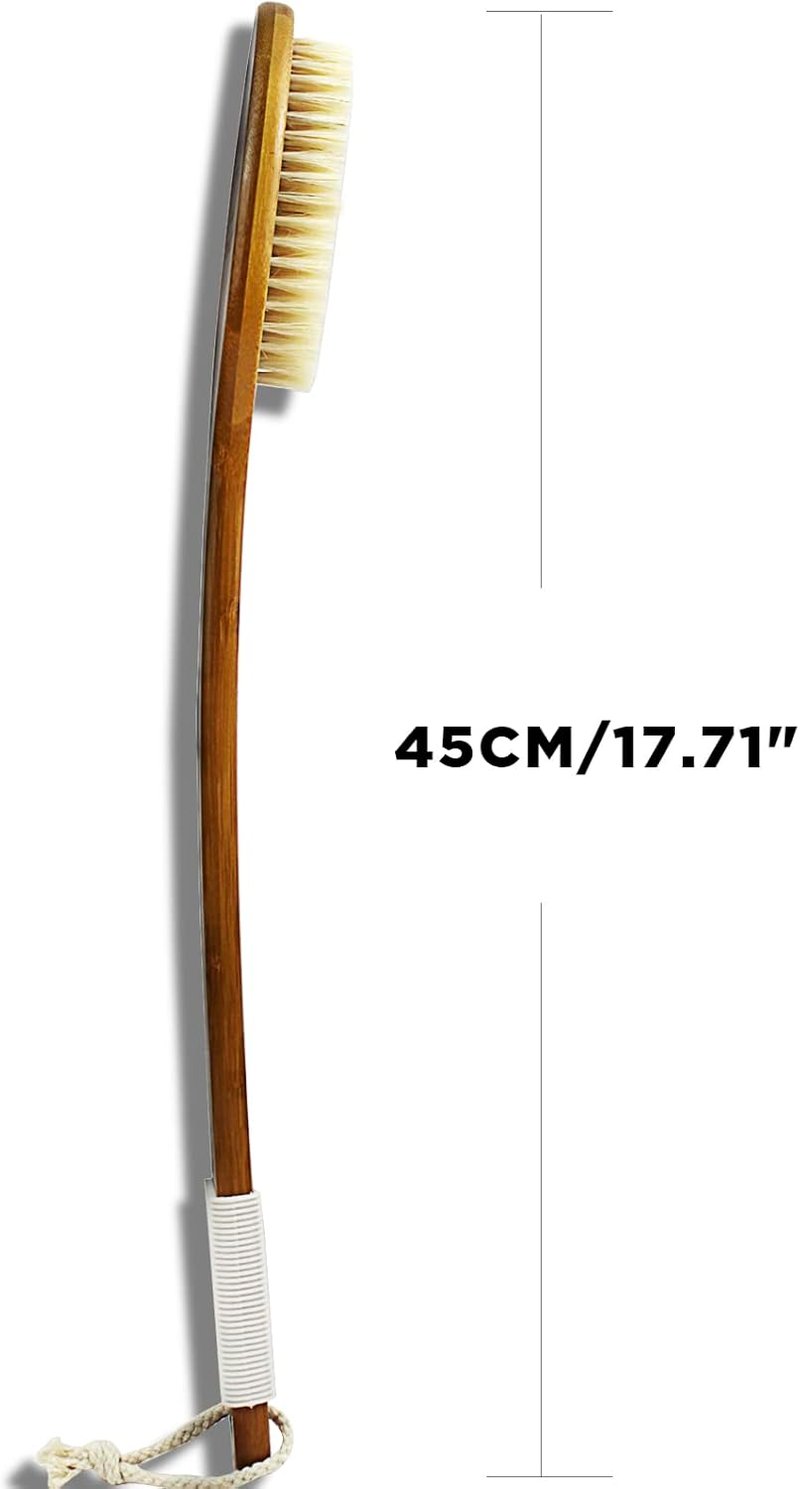 Natural Boar Bristle Bath Brush - Anti-Slip Long Handle Shower Scrubber | Exfoliating Back Brush with Pumice Stone (17.71 Inch)