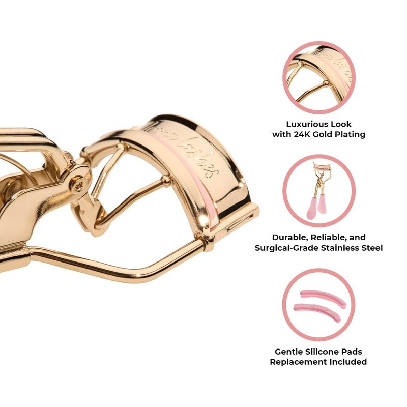 Icona Lashes Eyelash Curler - 24K Gold-Plated Stainless Steel Precision Eye Lash Curler for Lush, Luxurious Lashes - Silicone Eyelash Curler Pads, Ergonomic Cushioned Handles - With Replacement Pads