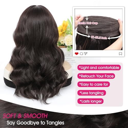 18 Inch Dark Brown Wig for Women, Middle Part Medium Length Wavy Synthetic Hair Wig, Upgraded Strands Natural Hairline Design for Daily Party Halloween(Dark Brown,18 Inch)