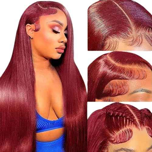 24inch 99j Burgundy Lace Front Wigs Human Hair 13x6 HD Straight Glueless Lace Frontal Wigs for Women 180% Density Pre Plucked with Baby Hair Wine Red Wigs Human Hair