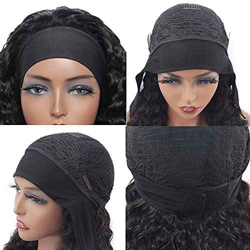Aiterina Headband Wig deep wave human hair wigs for Black Women Brazilian Remy Hair Glueless Non Lace Front Wig 150% Density Natural Color (8 inch, Headband Wig Deep Wave)