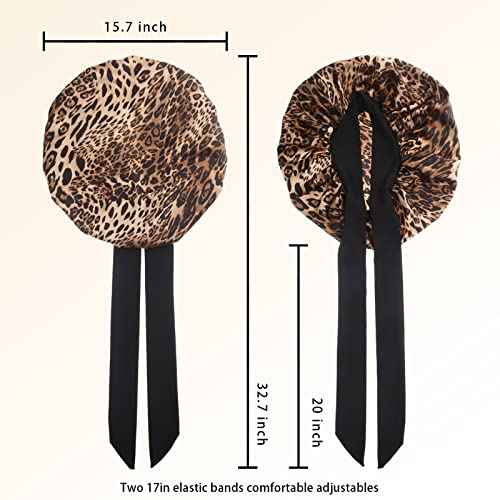 Silky Satin Hair Bonnet Night Cap Hair Cover for Black Women with Soft Stretchy Tie Band - Jumbo Satin Sleep Cap (Black & Leopard)
