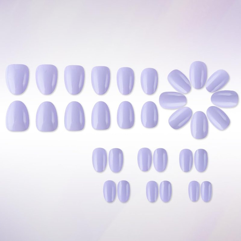 32Pcs Short Oval Press on Nails Light Purple Fake Nails Solid Color Glossy Full Cover Stick on Nail Easy Apply Reusable Artificial Manicure Kit for Women