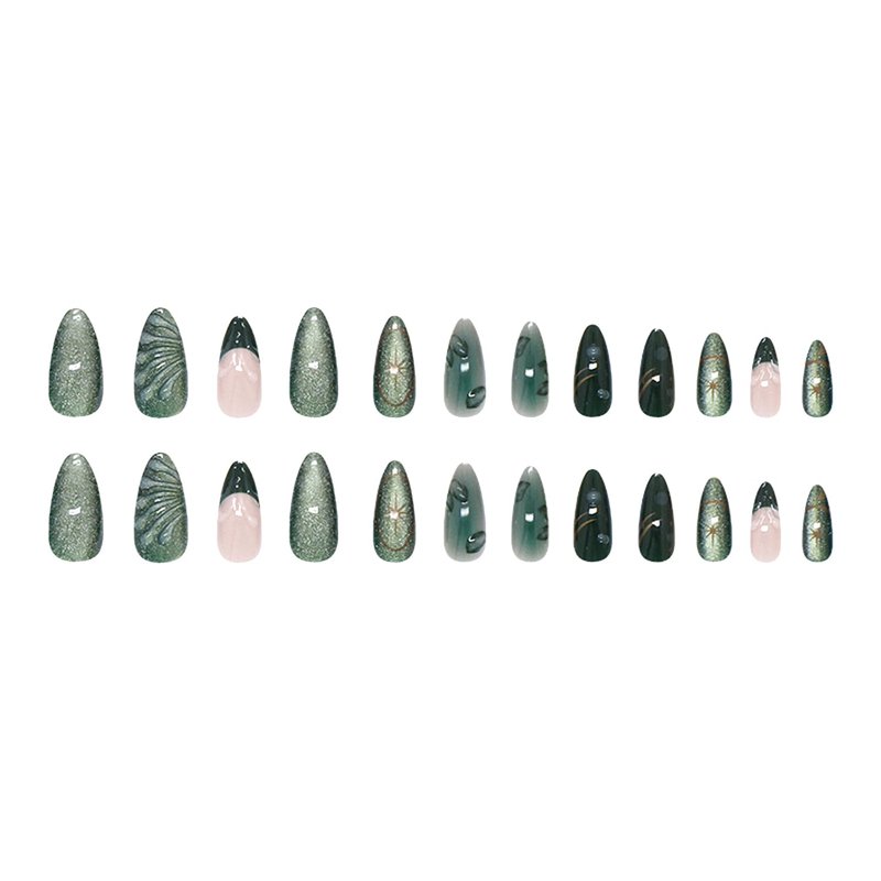 24Pcs Green Press on Nails Medium Almond Fake Nails with 3D Green Ripple Design Handmade Press on French Nails Tips Leaves Pattern Full Cover Glossy Y2k Reusable DIY Nails for Women Nail