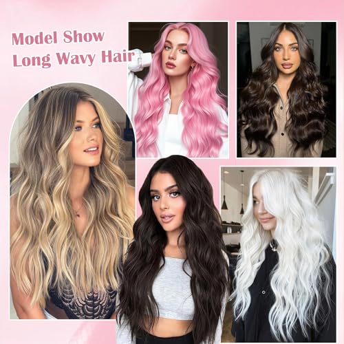 Long Pink Wavy Wig Middle Part for Women 26 Inch Light Pink Curly Wavy Wigs Natural Looking Synthetic Heat Resistant Fiber Wig for Daily Party Use