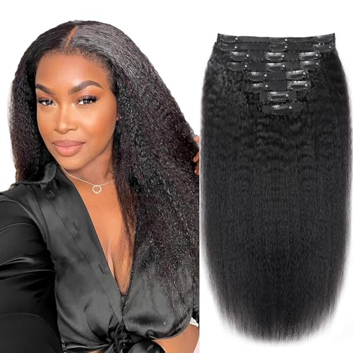 Seamless Clip in Hair Extensions Real Human Hair Kinky Straight Clip ins Brazilian Virgin Human Hair Extensions for Women 8Pcs PU Clip in Remy Hair Skin Weft 18Clips 120g (24inch,Natural Black)