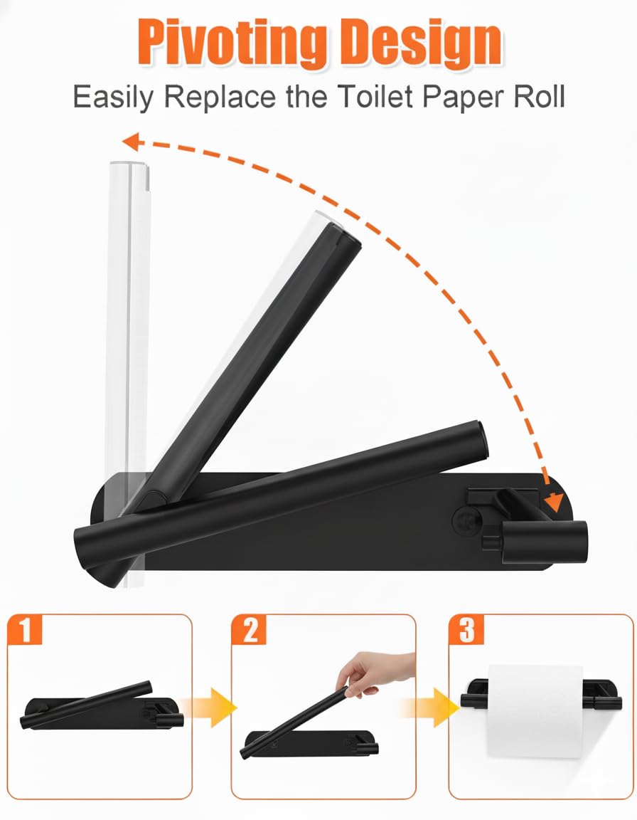 YUET Toilet Roll Holder, Self Adhesive or Screw in Wall Mounted Options, Double Post Pivoting Tissue Roll Holder, Stainless Steel Rustproof Stick On No Drilling Wall Mount for Bathroom, Matte Black