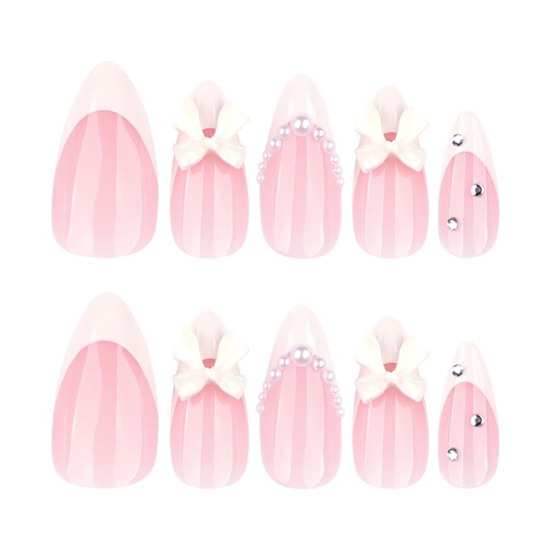 24Pcs French Tip Press On Nails Almond Shape Medium Fake Nails with 3D White Bow & Pearl Designs Pink White Full Cover Glue On Nails Reusable Acrylic False Nails for Women Manicure Decoration