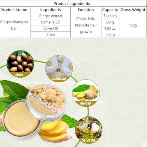 Natural Organic Ginger Hair Regrowth Shampoo Bar Soap for Anti Hair Loss, Dandruff, Itching - Promotes Hair Growth, All Hair Types (3 Pcs)