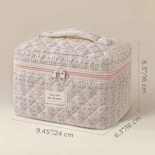 HBselect Quilted Makeup Bag, Cotton Large Travel Makeup Bag, Cute Streaks Floral Coquette Cosmetic Bags Toiletry Bags for Women Girls