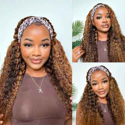 Ombre Deep Wave Headband Wig Human Hair #4/27 Curly Headband Wigs for Black Women Human Hair Glueless None Lace Front Wigs Brazilian Virgin Hair Wig Machine Made 150% Density 18 Inch