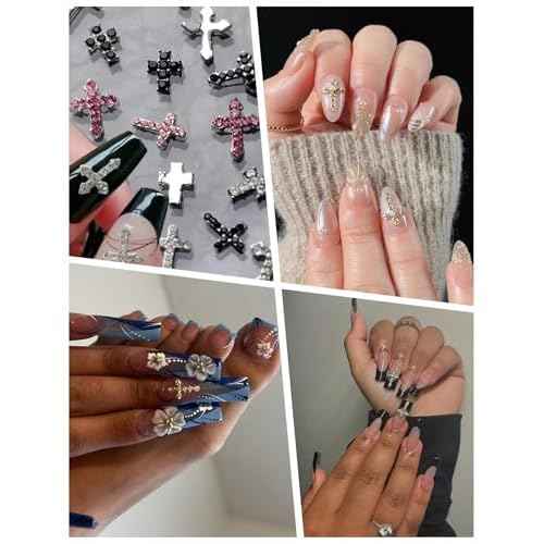 120 Pcs 3D Cross Nail Charms 12 Grids Metal Nail Art Charms White Gold Silver Gold Cross Charms for Nails