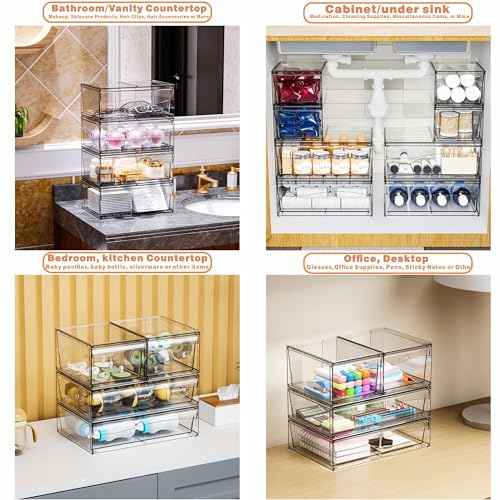 4 Pack Clear Stackable Storage Drawers,12"W Large Bathroom Makeup Organizer and Pen,Sunglass,Medicine,Baby Bottle Organizer,Plastic Pull Out Storage Bins for Desk,Under Cabinets,Vanity Countertop