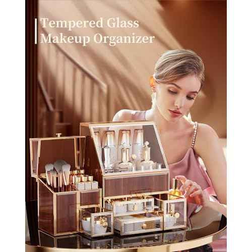 Glass Makeup Storage for Vanity and Bathroom Countertop ? Large Cosmetic Display Case and Skincare Storage Solution