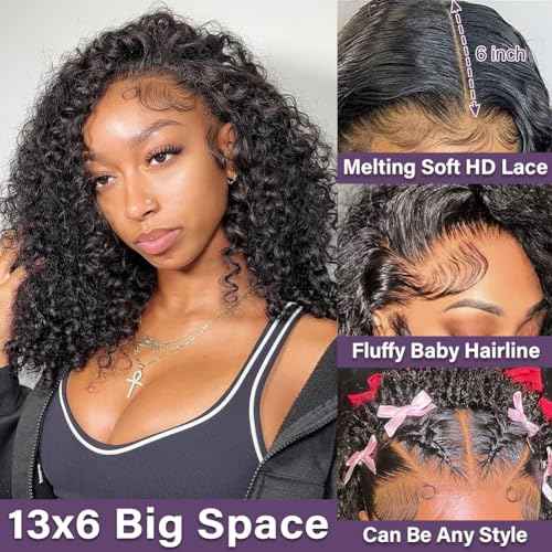 Curly Human Hair Wig 13x6 HD Transparent Lace Deep Curly Front Wigs Human Hair Pre Plucked 180 Density Wear And Go Glueless Wig Straight Wigs for Black Women Natural Black 18 Inch