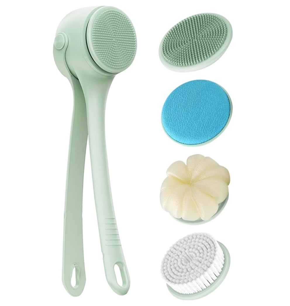 Rechargeable Electric Body & Back Scrubber Brush – Waterproof Spinning Bath Brush with Dual Long Handles & 5 Replaceable Heads for Deep Cleansing, Exfoliating & Massage