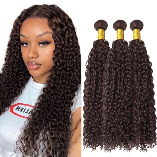 Color 4 Kinky Curly Human Hair Dark Brown Bundles Brown Curly Wave Human Hair Bundles Brazilian Hair Wet and Wavy Bundle Silky Soft(20 22 24) inch