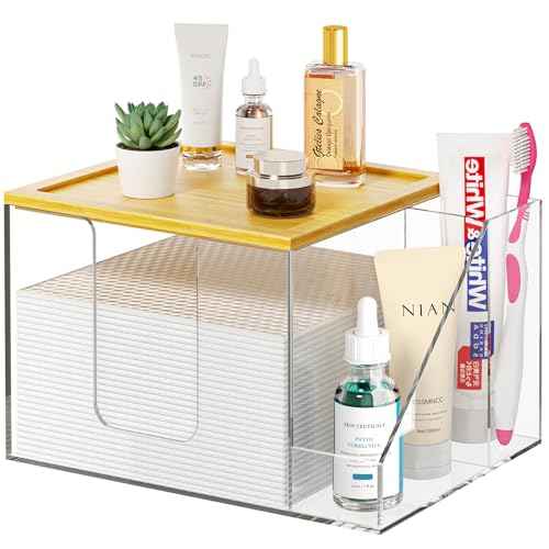 VITVITI Disposable Face Towel Holder Box, Acrylic Clean Skin Club Facial Towel Container with Toothbrush Holders, Large Disposable Face Towels Storage for Bathroom Vanity Makeup, Clear