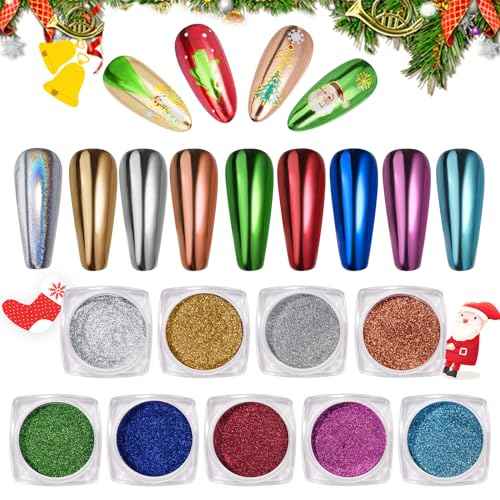 Pretty Diva Chrome Nail Powder - 9 Colors Metallic Mirror Effect Red Chrome Nail Powder Xmas Red Green Gold Silver Blue Pink Holographic Nails Chrome Powders