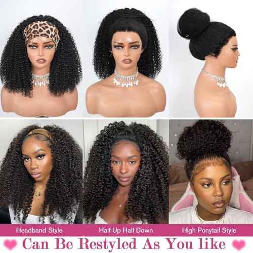 Kinky Curly Half Wig Human Hair 200% Density 3 In 1 Seamless Flip Over Glueless Wigs Water Wave Human Hair With Adjustable String Invisilbe Hairline Beginner Friendly 20 Inch