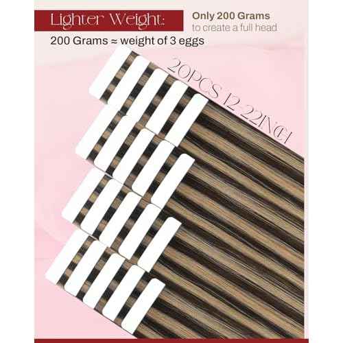Moresoo Tape in Hair Extensions Human Hair Brown Real Hair Tape in Extensions Dark Brown with Caramel Blonde Human Hair Glue in Human Hair Extensions Fashion Seamless 22 Inch 20Pcs/50g #P4/27