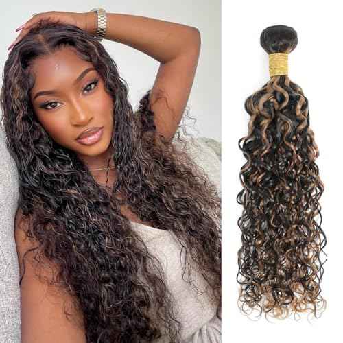 Honey Blonde Highlight F1B30 Water Wave Bundles Human Hair, 12A Soft Thick Wet and Wavy Black and Brown Ombre Color Curly Single Bundles 100% Unprocessed Brazilian Virgin Remy Human Hair 10 In
