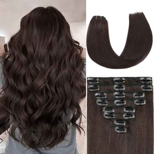 Dark Brown Clip in Hair Extensions Real Human Hair Invisible Seamless Remy Human Hair Clip in Extensions for Women 22 Inch 110g, 8pcs Per Set with Double Weft