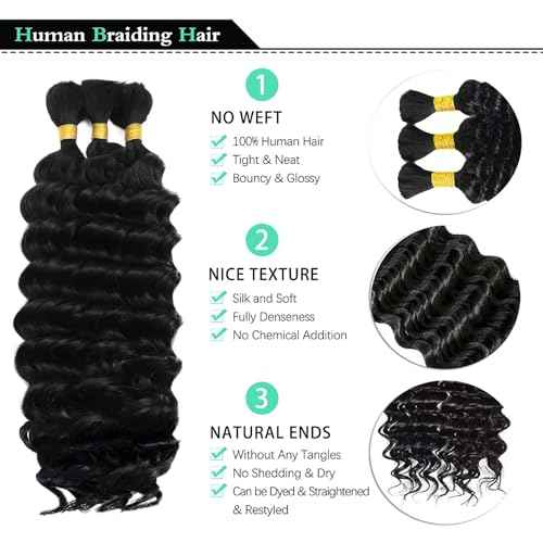 12 Inch Human Braiding Hair for Boho Braids 100g Deep Wave Curly Boho Hair for Braiding Knotless 3 Bundles/Pack Natural Black