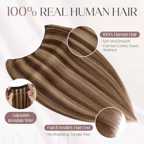 MY-LADY Halo Hair Extensions Real Human Hair for Women Medium Brown & Dark Blonde Clip in Remy Hairpiece with Adjustable Invisible Wire 18 Inch 65G