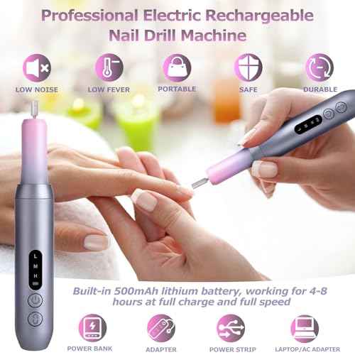 Electric Nail Files Cordless, Professional Nail Drill LCD Display with 12 Bits 30000RPM Rechargeable Manicure Pedicure EFile for Gel?Nail?Polish Acrylic Nails Thick Toenails Removal, Grey Pink