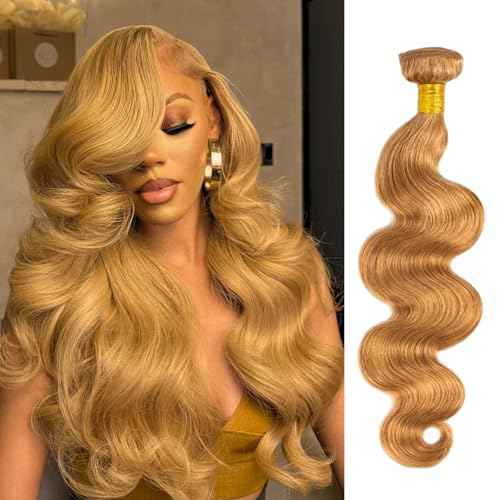 ALHER Color #27 Honey Blonde Single Bundle Body Wave 24 Inch, Blonde Bundles Human Hair Sew In Weave Wavy Bundles for Black Women, 12A 100% Unprocessed Brazilian Virgin Remy Hair Soft Thick