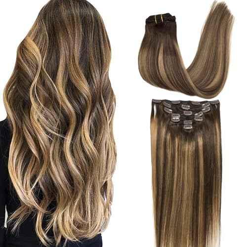 GOO GOO Clip in Hair Extensions Real Human Hair, Remy Human Hair Extensions Clip ins for Women, Natural Human Hair, 18inch 120g 7Pcs, 4/27/4 Balayage Chocolate Brown to Caramel Blonde