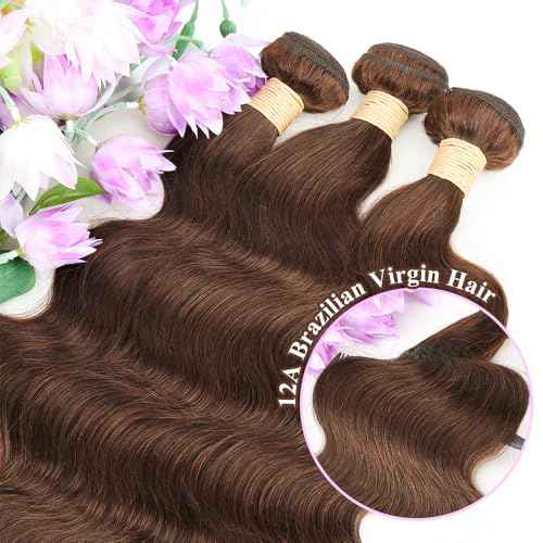 ALLRUN Brown Body Wave Bundles Human Hair 14 16 18 Inch Chocolate Brown Human Hair Bundles 12A 100% Unprocessed Remy Brazilian Virgin Hair Body Wave Human Hair Extension Color 4# Reddish Color