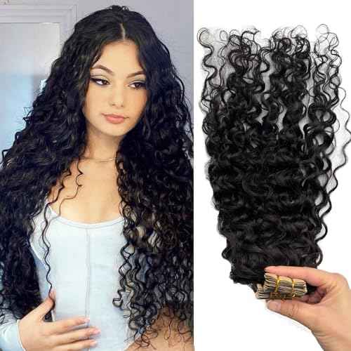 Water Wave Tape in Hair Extensions Human Hair, Natural Black Hair Extensions Real Remy Human Hair Tape ins for Black Women, 20 Inch 100g/pack 40pcs Double Sided Invisible Tape Hair Extension