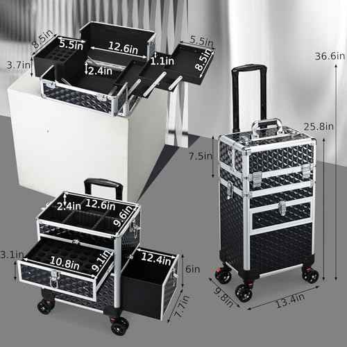 Joligrace Large Rolling Makeup Train Case with Foot-Brake Wheels, Removable Shoulder-Strap Makeup Carrying Case, Adjustable Compartments, Built-in Nail Polish Drawer, and Detachable Drawer