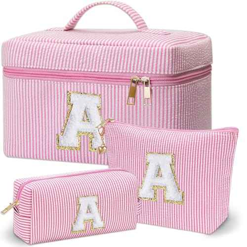 Personalized Monogram Makeup Bag, 3PCS Custom Monogrammed Toiletry Cosmetic Bag for 6-18 Teen Girls Women,Birthday Graduation Gifts Initial Pouch Makeup Bags for Women Girls, Make Up Bag (A, Pink)