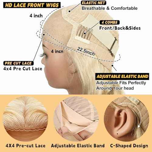 613 Lace Front Wig Human Hair 28 Inch Blonde Glueless Wigs Pre Cut 200 Density Blonde Wig Pre Plucked With Baby Hair Body Wave 4X4 Lace Closure Wigs For Women