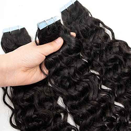28Inch Long Tape in Hair Extensions for Women Water Wave Human Hair Skin Weft Seamless Invisible PU Tape Double Sided 50g 20pcs/Pack Adhesive Curly Hair 4-6 Packs for Full Head